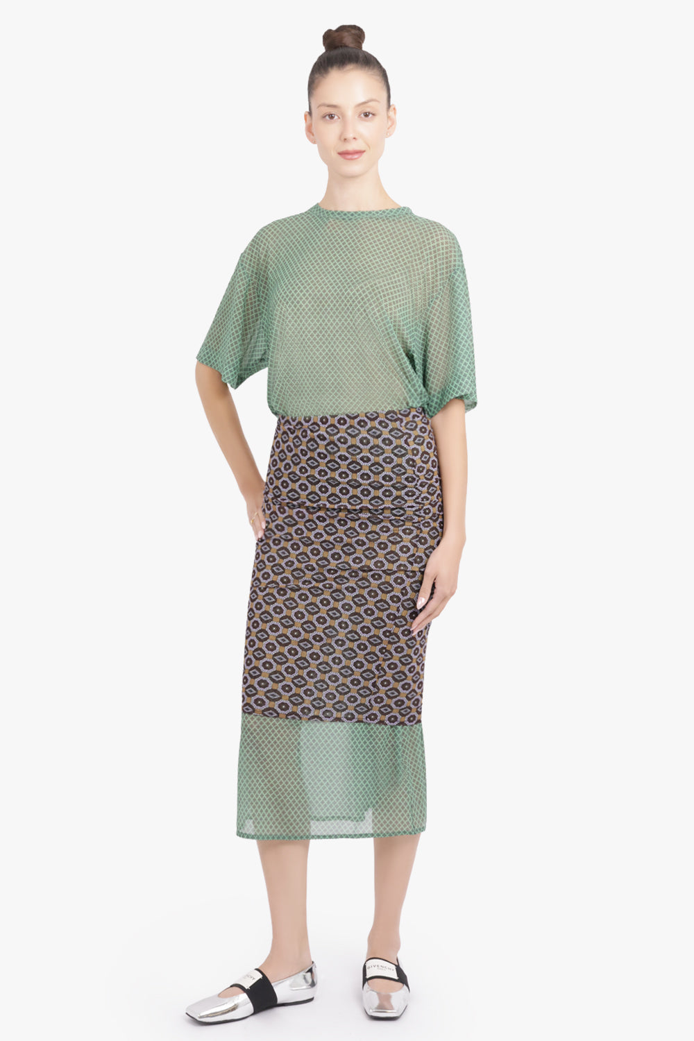 DRIES VAN NOTEN RTW Hoge Transparent Mesh X Diamond Print Top | Mint