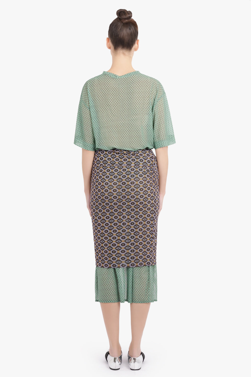 DRIES VAN NOTEN RTW Homoa Diamond Print Midi Skirt With Transparent Mesh Underlay | Brown/Mint