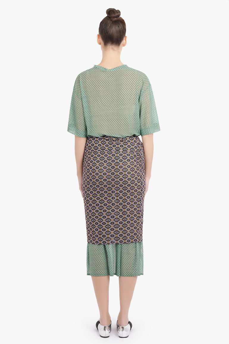 DRIES VAN NOTEN RTW Homoa Diamond Print Midi Skirt With Transparent Mesh Underlay | Brown/Mint