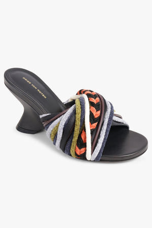 DRIES VAN NOTEN SHOES Twist Velvet Cord 75mm Open Toe Wedge Mule | Black/Multi