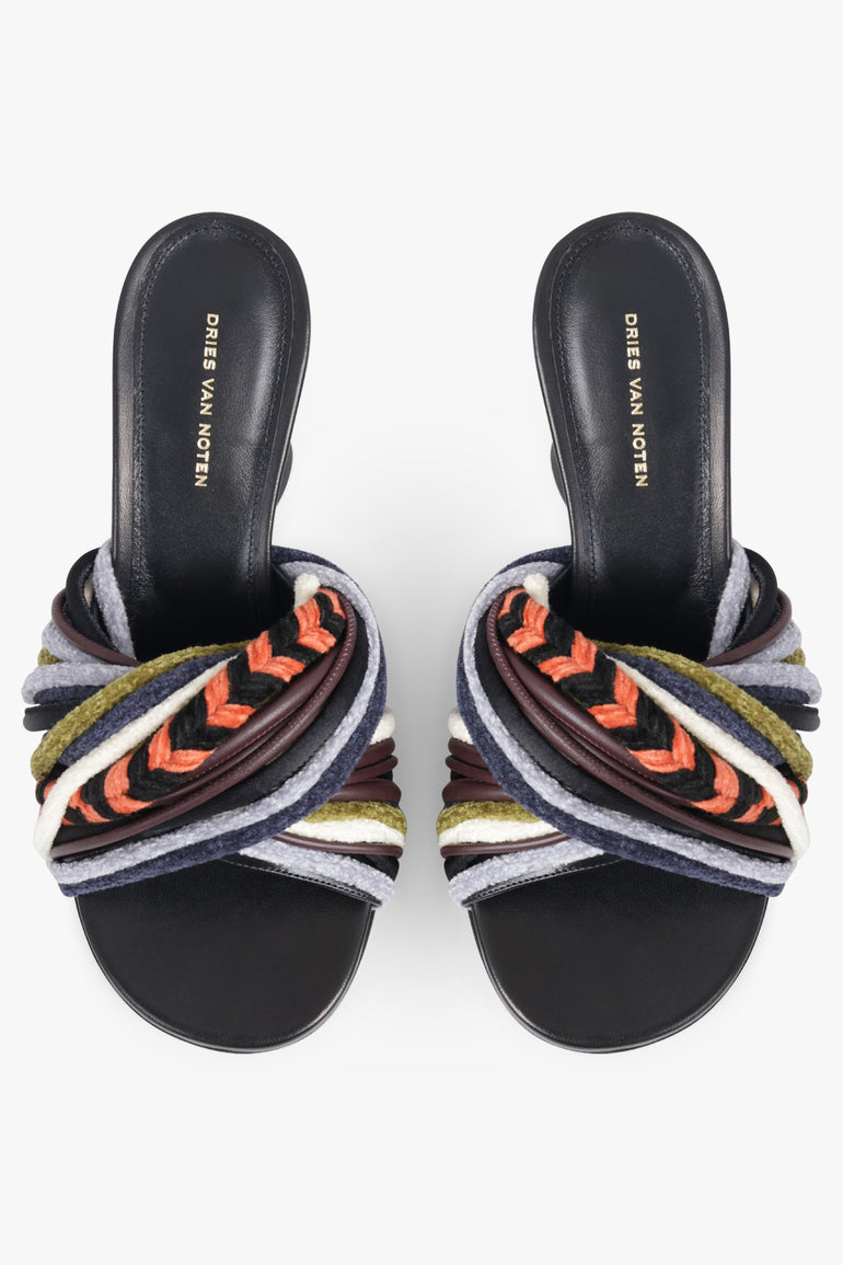 DRIES VAN NOTEN SHOES Twist Velvet Cord 75mm Open Toe Wedge Mule | Black/Multi