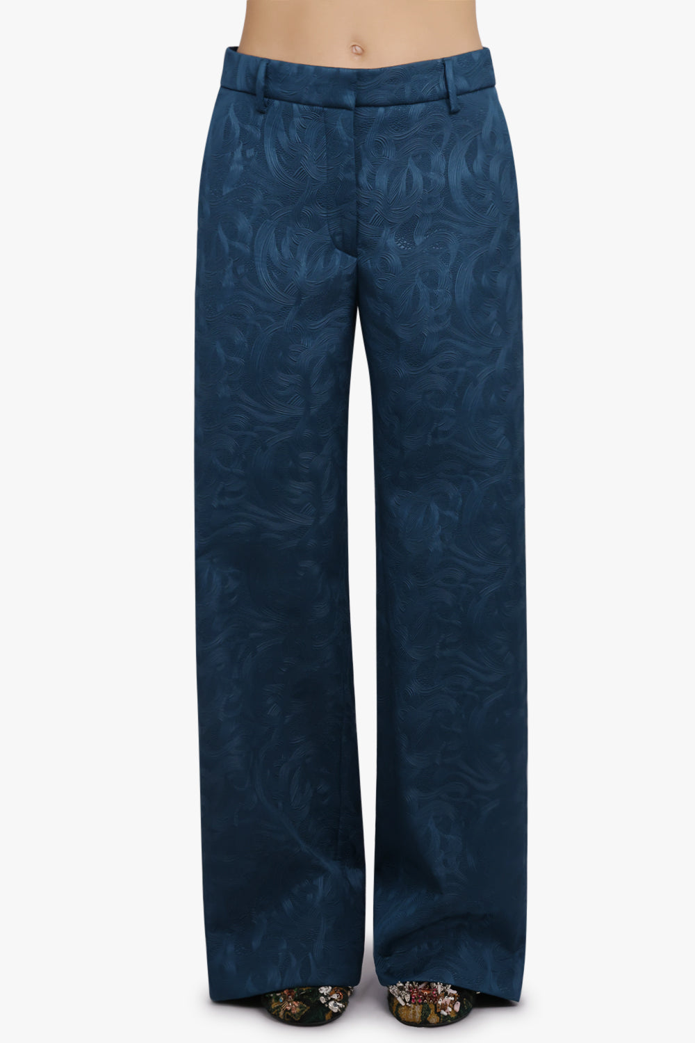 DRIES VAN NOTEN RTW Paxy Embossed Swirl Straight Leg Pant | Petrol Blue
