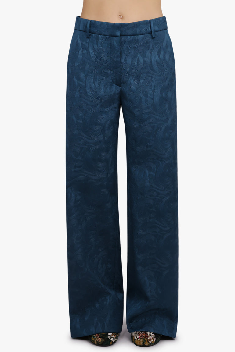 DRIES VAN NOTEN RTW Paxy Embossed Swirl Straight Leg Pant | Petrol Blue