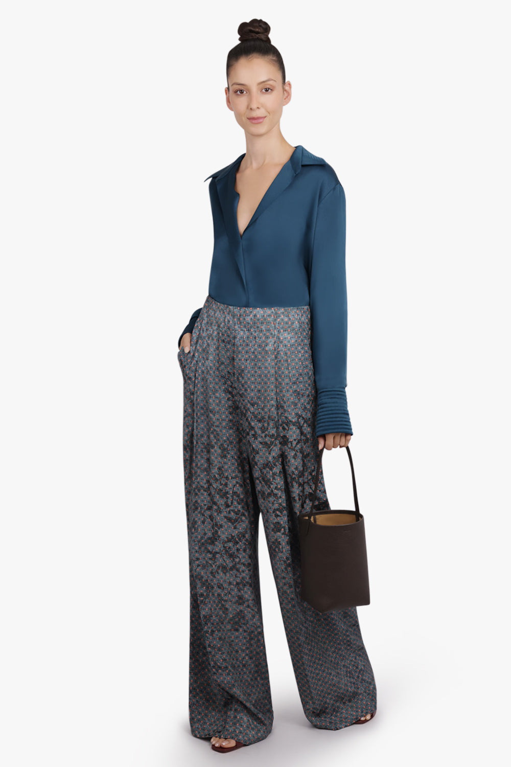 DRIES VAN NOTEN RTW Pila Floral Motif Wide Leg Pant | Turquoise
