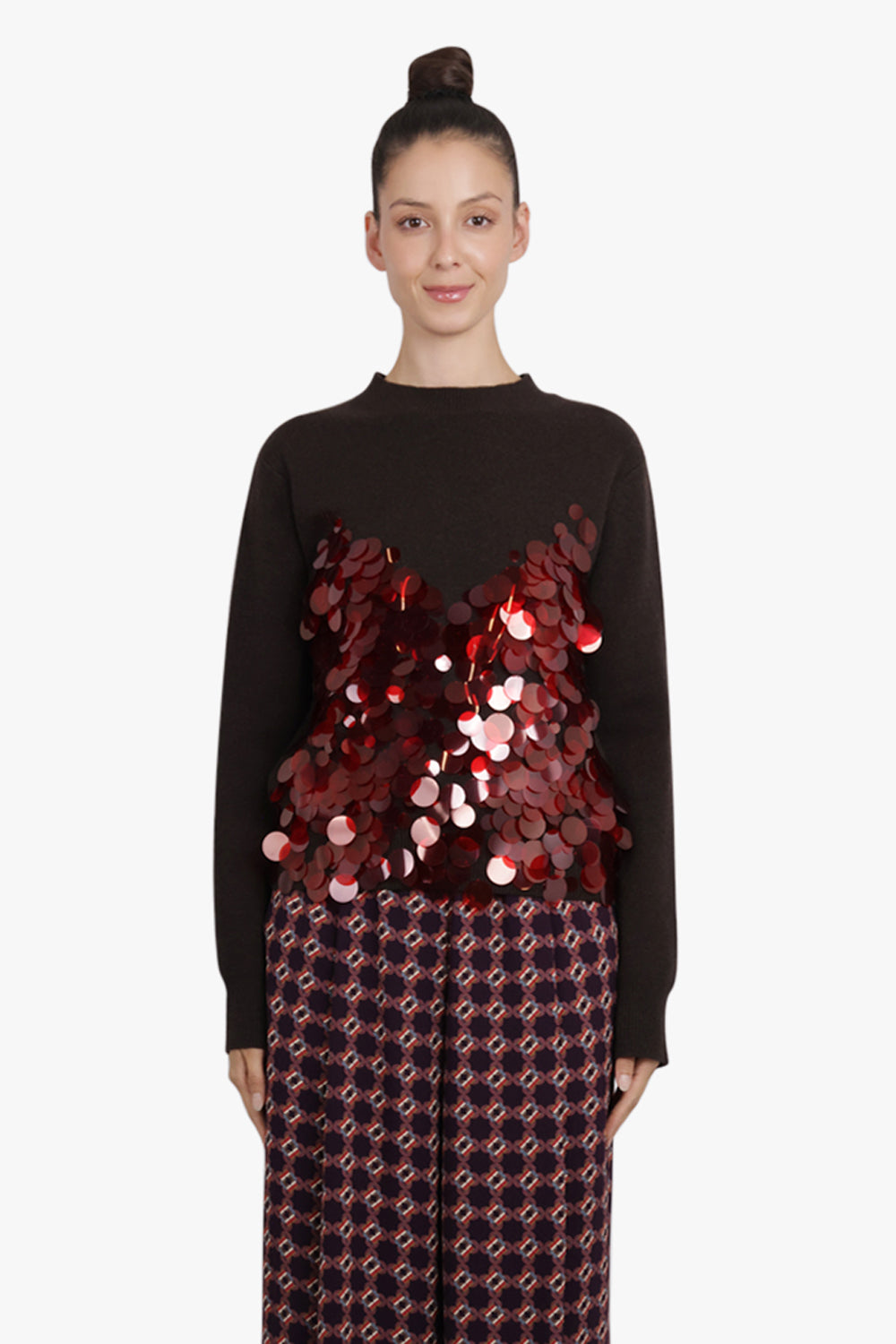 SACAI RTW Sequin Embroidery Knit Jumper | Brown/Red