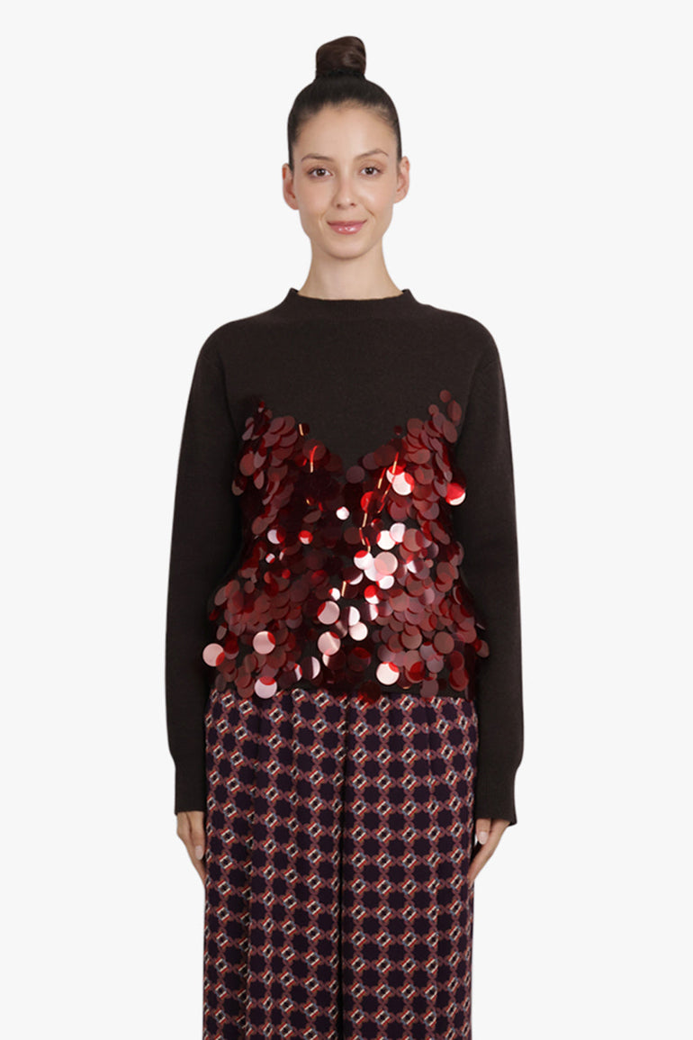 SACAI RTW Sequin Embroidery Knit Jumper | Brown/Red