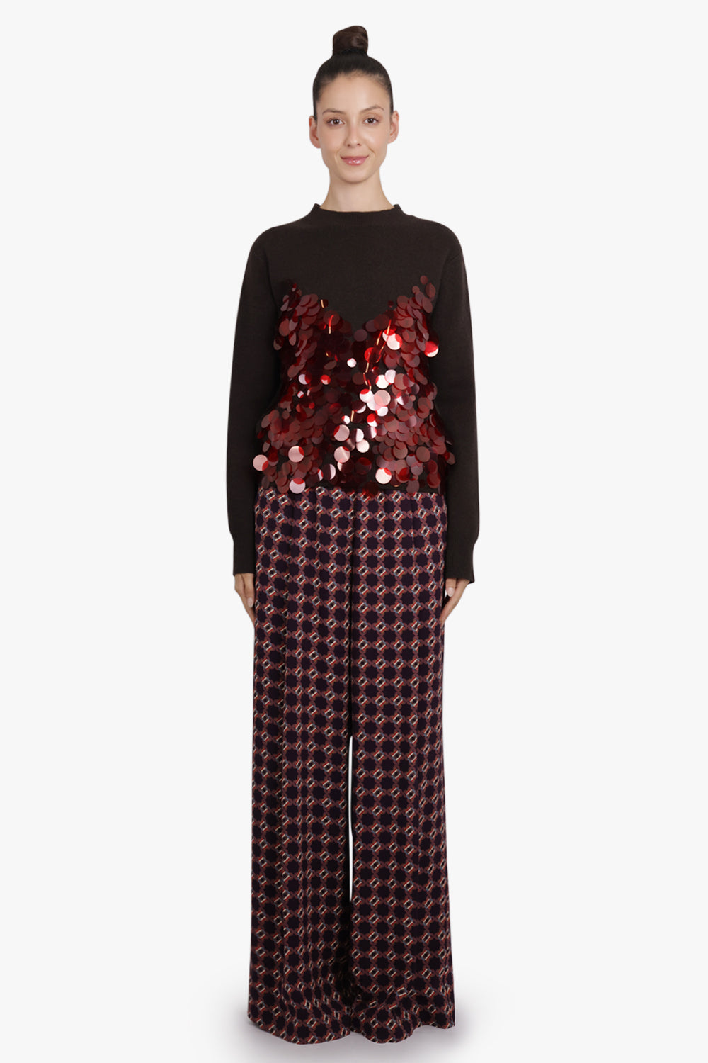 SACAI RTW Sequin Embroidery Knit Jumper | Brown/Red