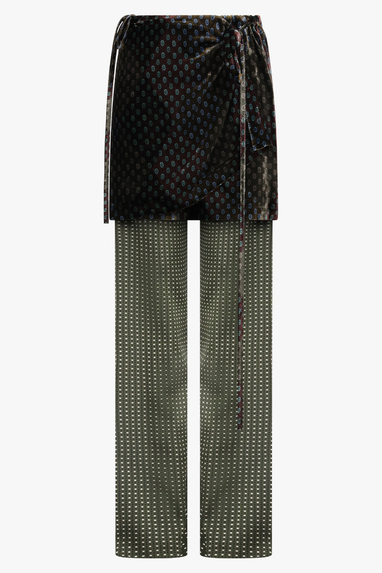 DRIES VAN NOTEN RTW Pritty Square Print Pant With Tie Mini Skirt | Khaki