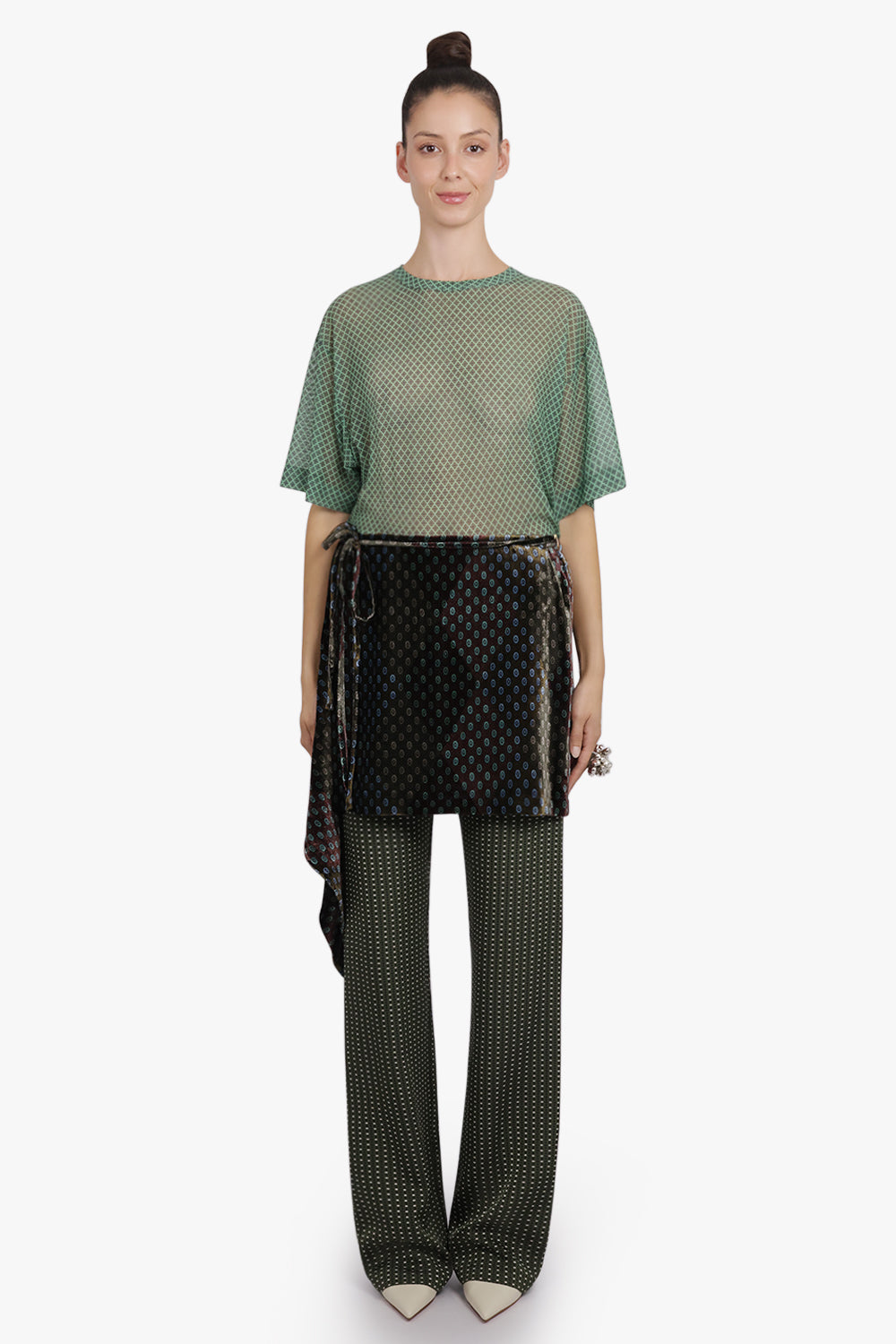 DRIES VAN NOTEN RTW Pritty Square Print Pant With Tie Mini Skirt | Khaki