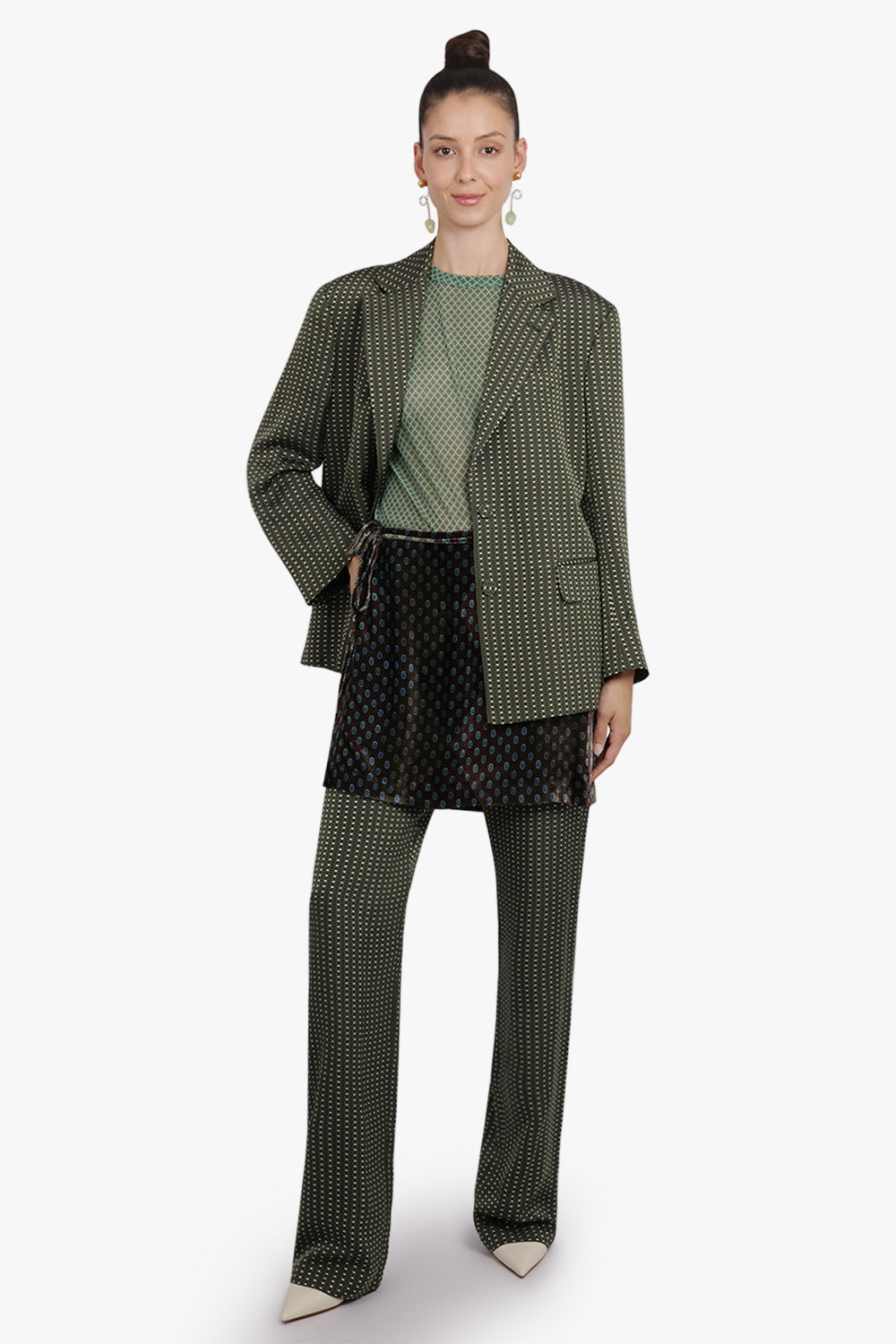 DRIES VAN NOTEN RTW Pritty Square Print Pant With Tie Mini Skirt | Khaki