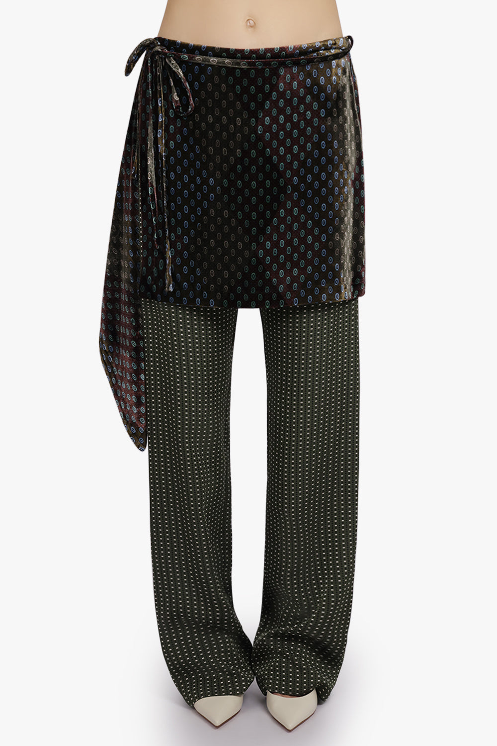 DRIES VAN NOTEN RTW Pritty Square Print Pant With Tie Mini Skirt | Khaki