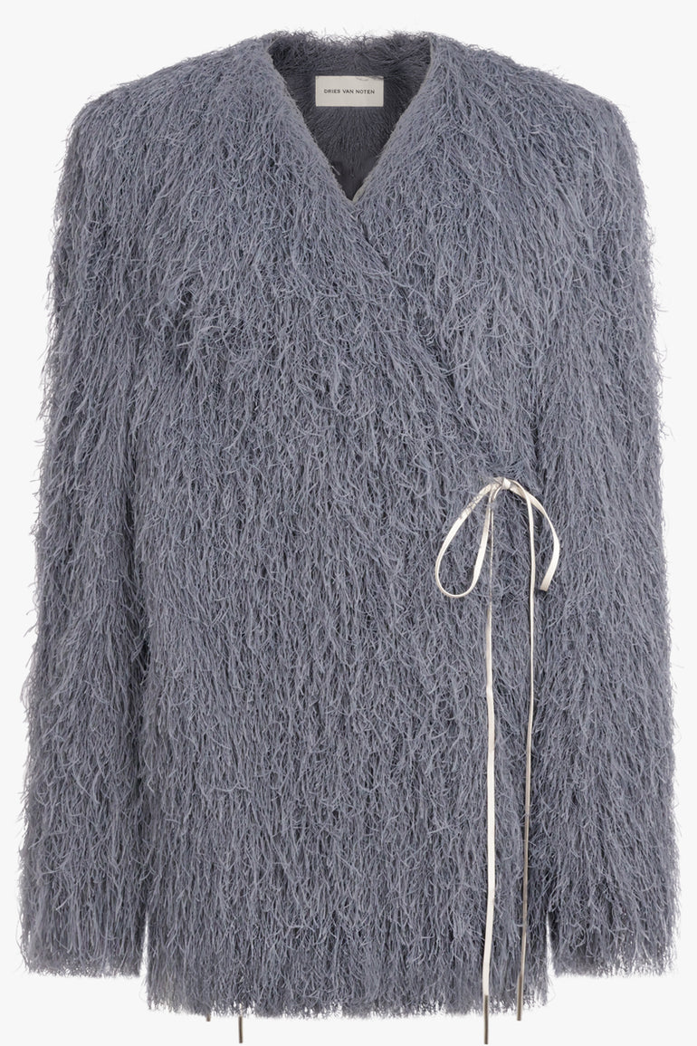 DRIES VAN NOTEN RTW Rivla Fringing Wrap Coat | Dark Grey