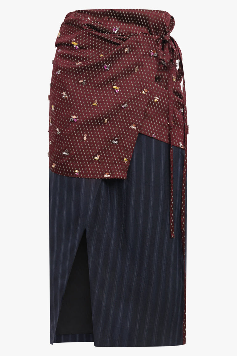 DRIES VAN NOTEN RTW Soly Diamond Print Wrap Midi Skirt With Embellished Layer | Burgundy