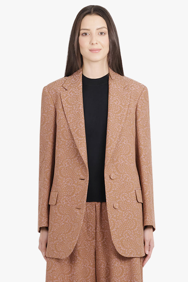 DRIES VAN NOTEN RTW Basti Tapestry Floral Jacquard Single Breasted Jacket | Peach/Brown