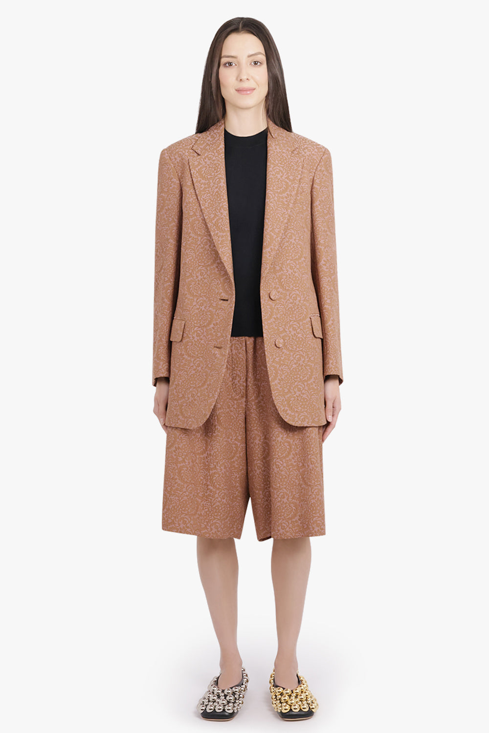 DRIES VAN NOTEN RTW Basti Tapestry Floral Jacquard Single Breasted Jacket | Peach/Brown