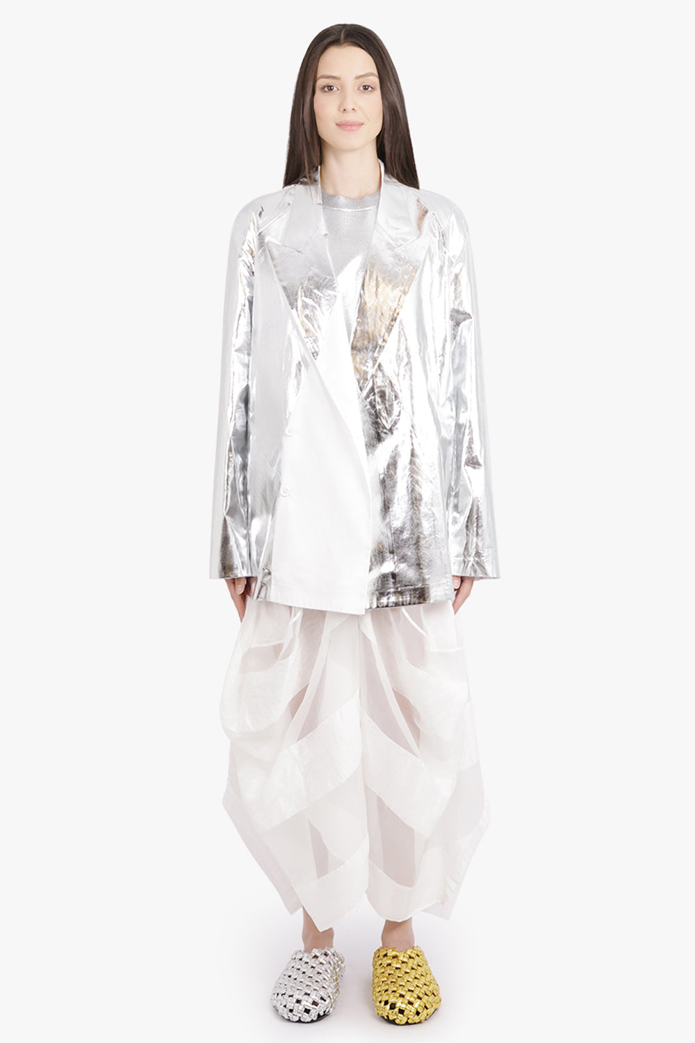 DRIES VAN NOTEN RTW Caplan Silver Overlay Double Breasted Shirt Jacket | Silver/White