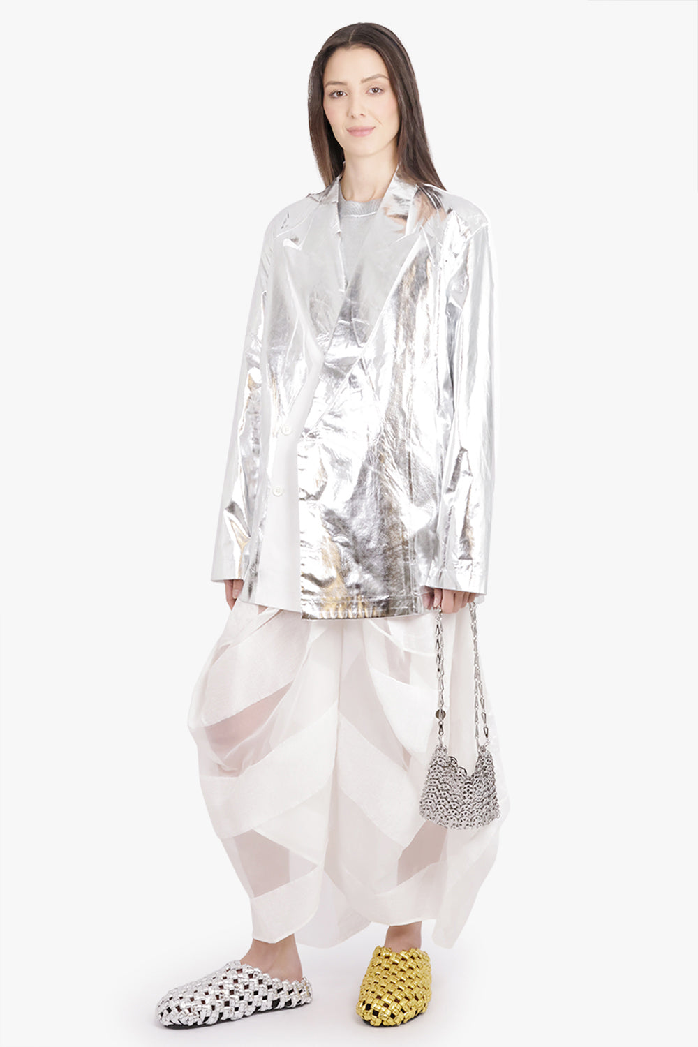 DRIES VAN NOTEN RTW Caplan Silver Overlay Double Breasted Shirt Jacket | Silver/White