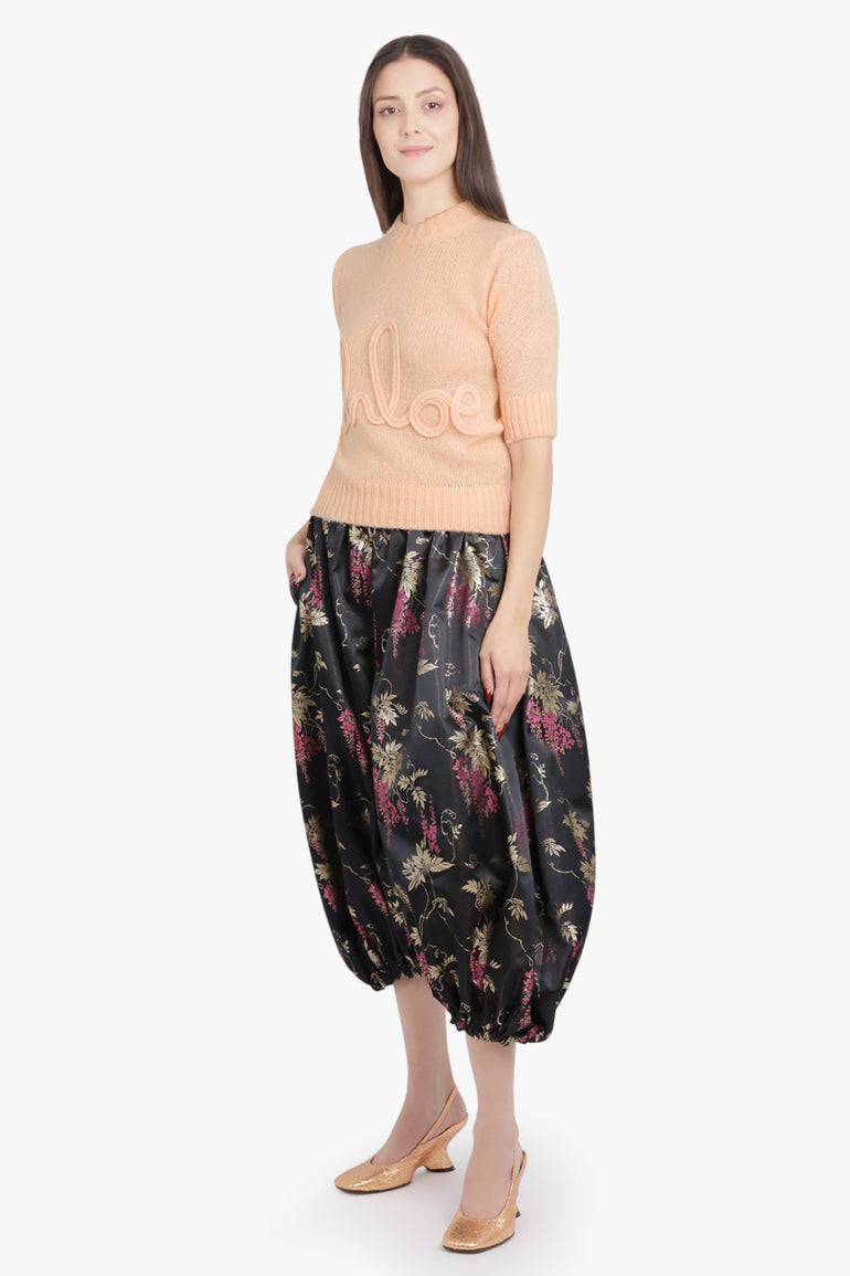 COMME DES GARCONS RTW Gathered Floral Print Balloon Pant With Cuff | Black/Pink/Gold