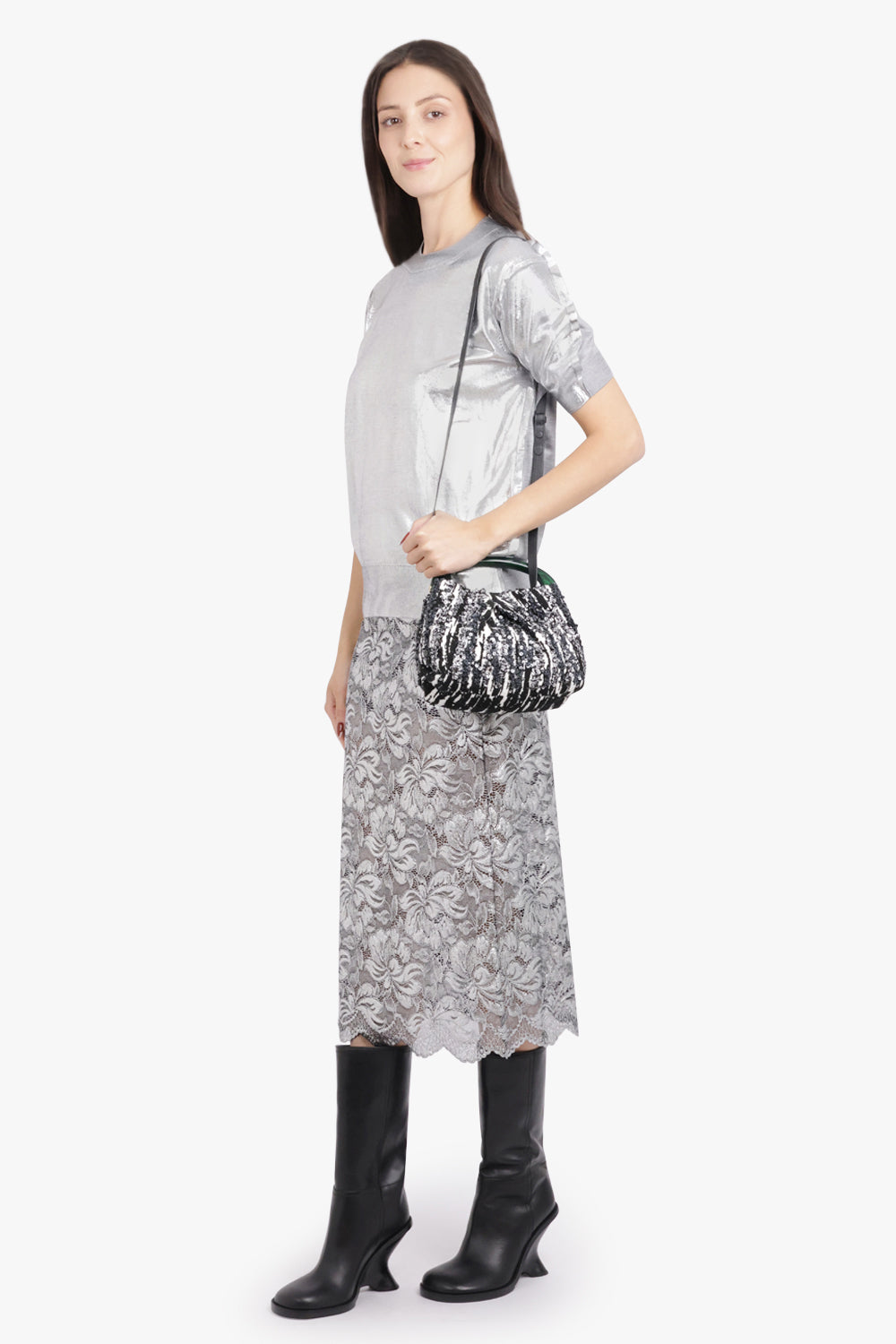 DRIES VAN NOTEN BAGS PATTERN / Black/White/Green Sequin Embellish Mini Resin Handle Bag | Black/White/Green