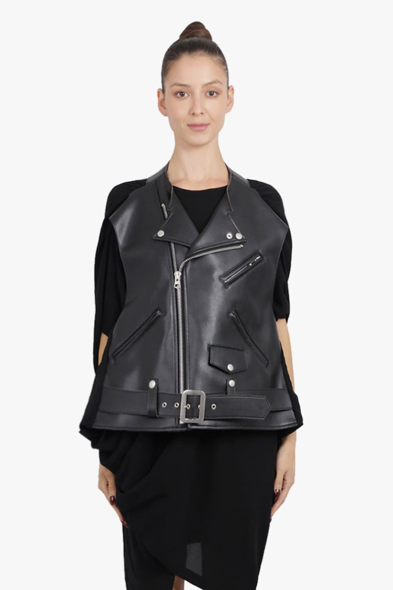 JUNYA WATANABE RTW Leather Biker Jacket with Drape Attachment | Black