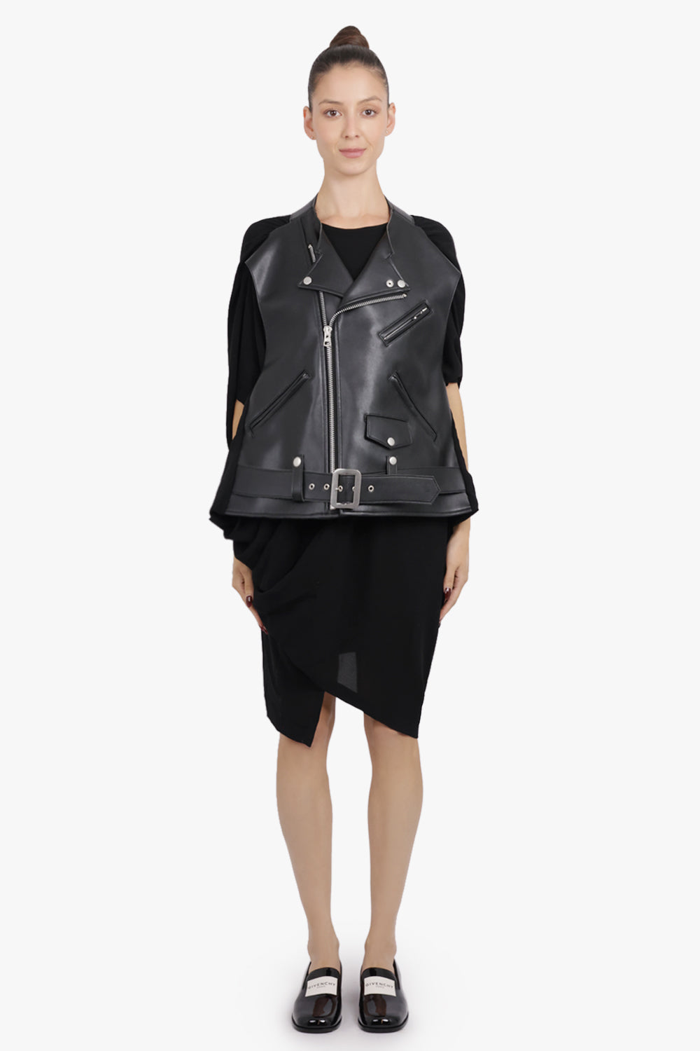 JUNYA WATANABE RTW Leather Biker Jacket with Drape Attachment | Black