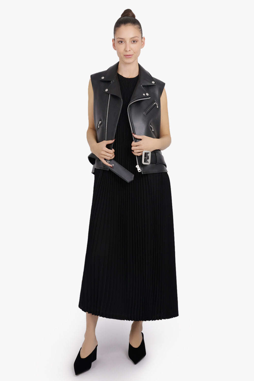 JUNYA WATANABE RTW Leather Biker Vest Dress With Pleat Attachment | Black