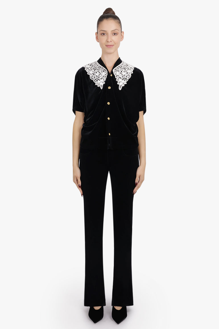 JUNYA WATANABE RTW Relaxed Velvet S/S Blouse With Crochet Collar | Black/White