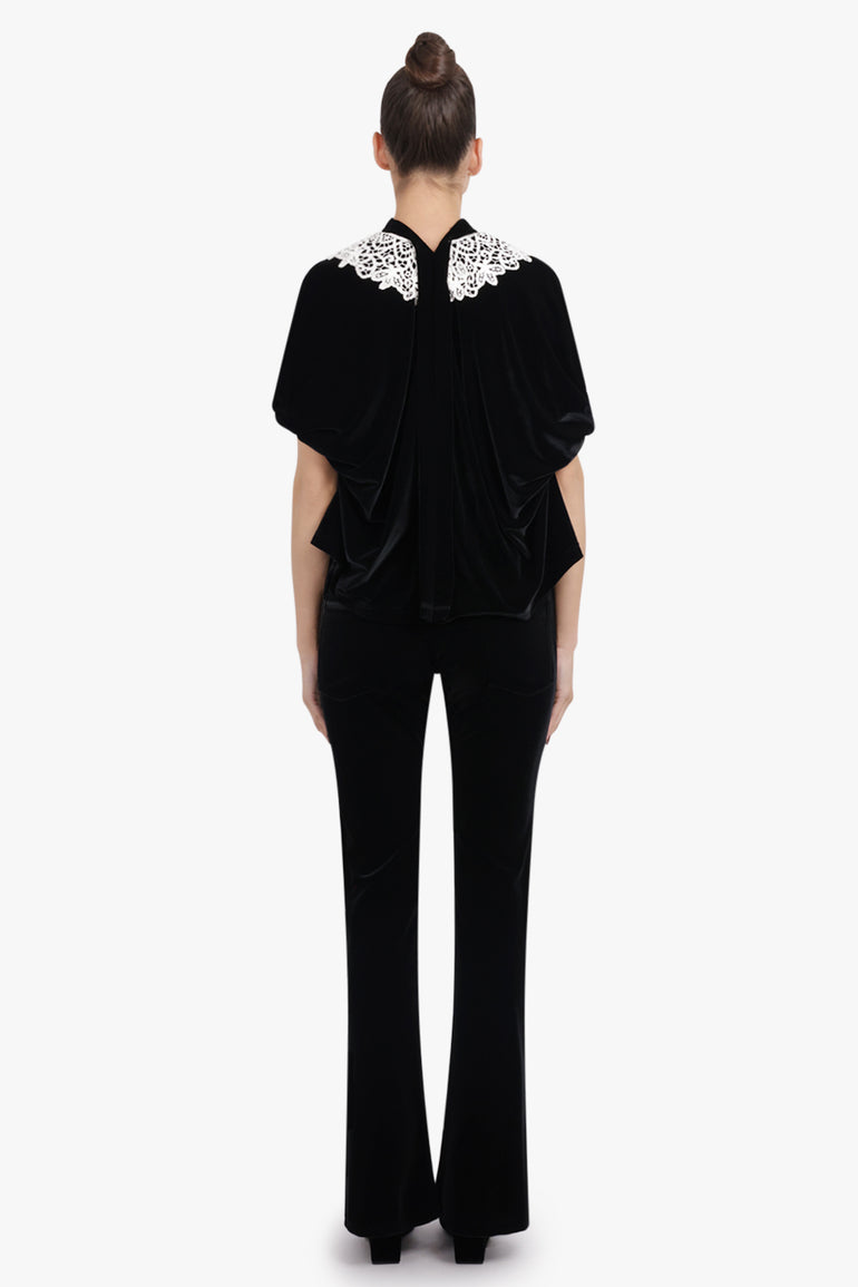 JUNYA WATANABE RTW Relaxed Velvet S/S Blouse With Crochet Collar | Black/White