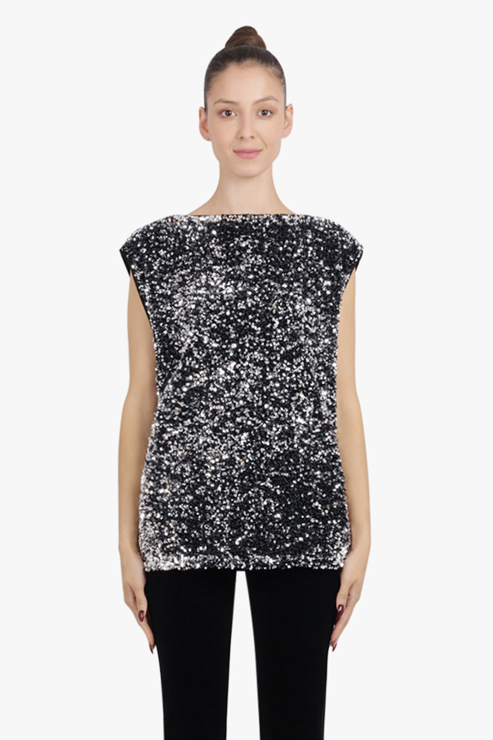 JUNYA WATANABE RTW Sleeveless Sequin Knit Top | Black/Silver