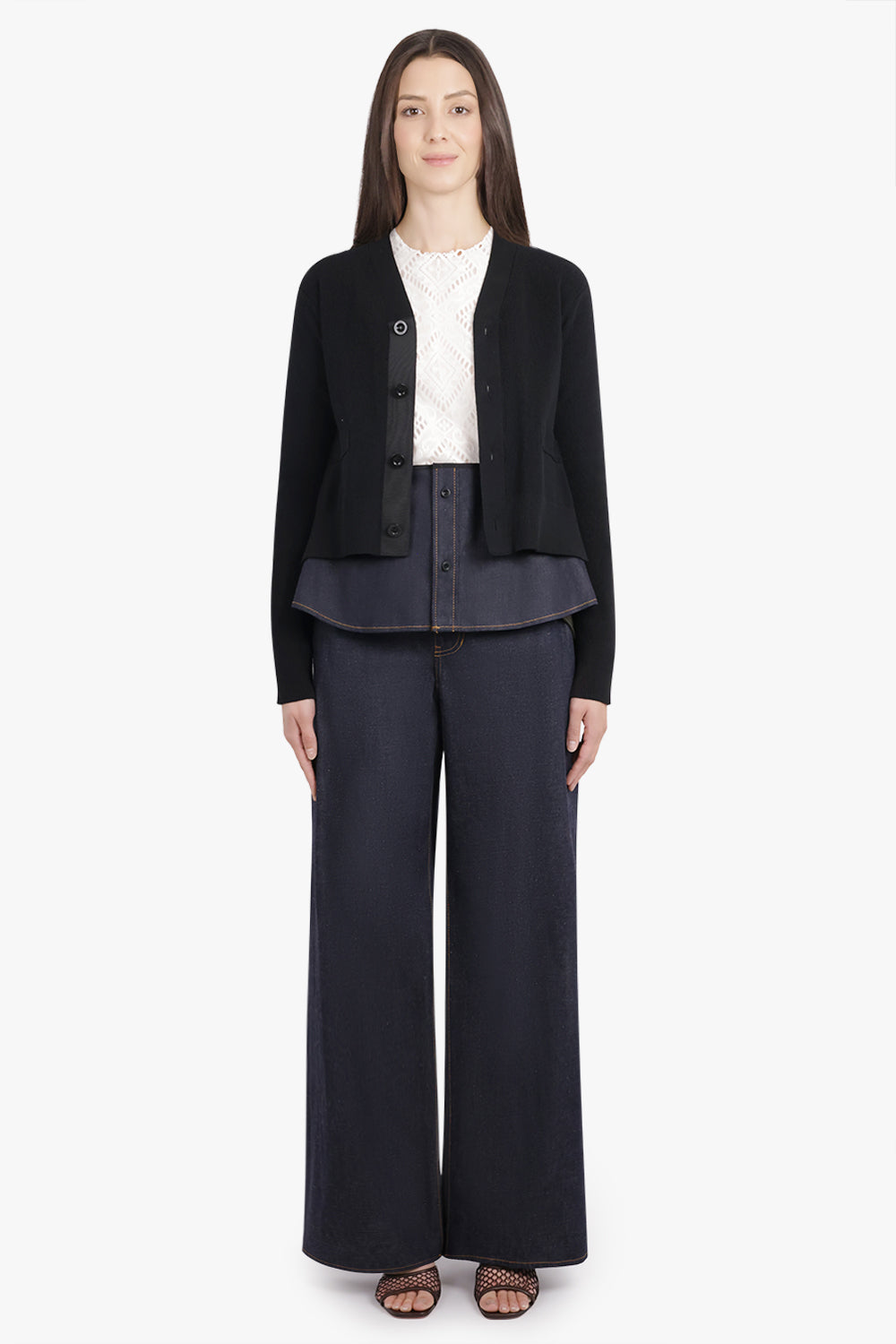 SACAI RTW L/S Knit Cardigan With Denim Underlay | Black/Indigo Blue