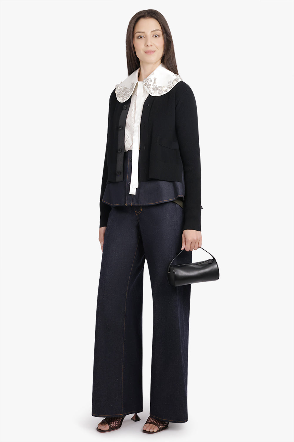 SACAI RTW L/S Knit Cardigan With Denim Underlay | Black/Indigo Blue