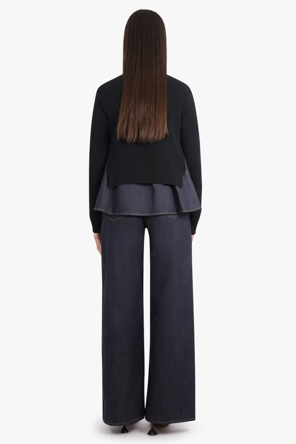 SACAI RTW L/S Knit Cardigan With Denim Underlay | Black/Indigo Blue