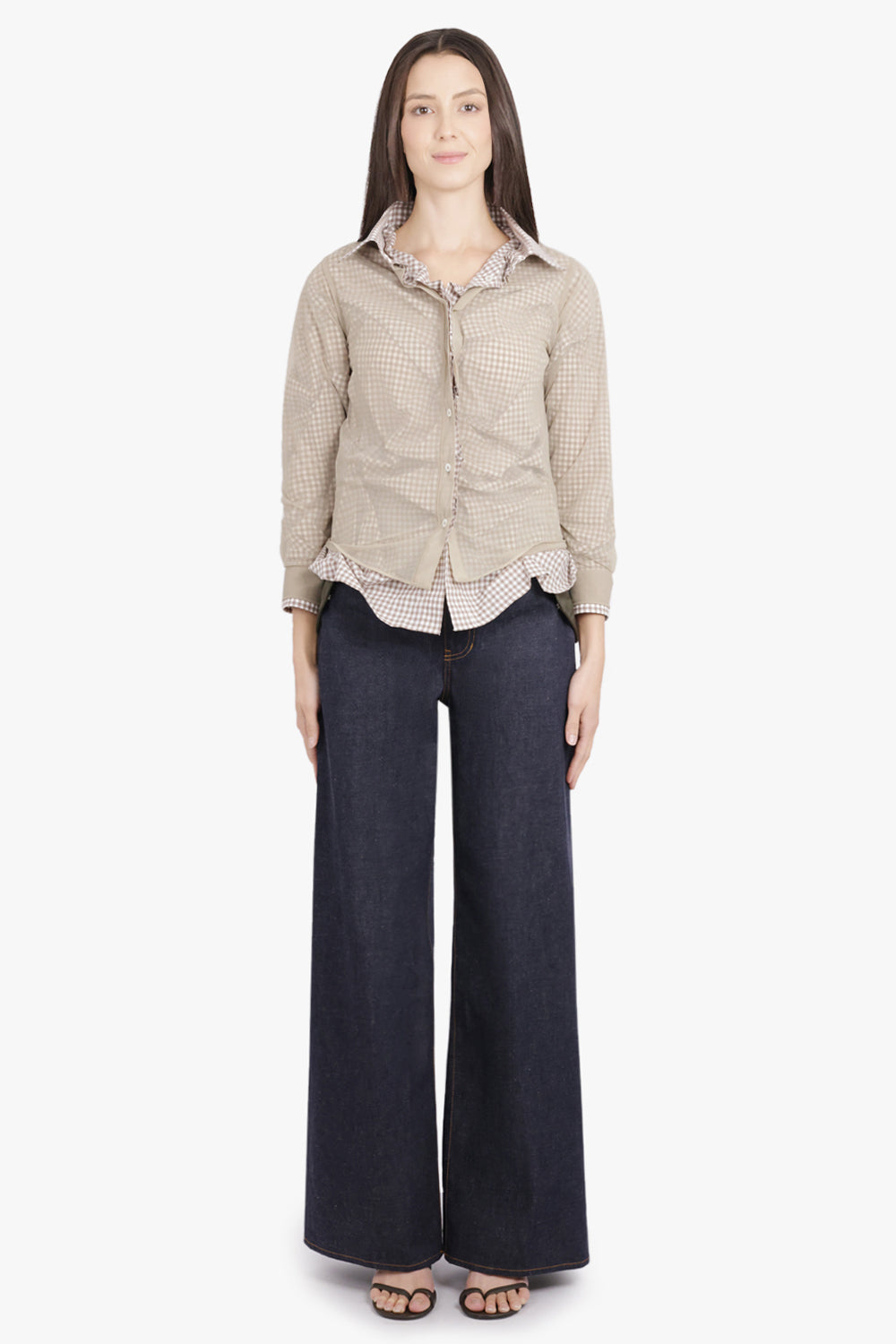 MAISON MARGIELA RTW Layered L/S Shirt with Check Ruching Detail | Camel/White