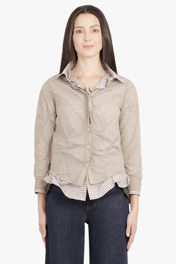MAISON MARGIELA RTW Layered L/S Shirt with Check Ruching Detail | Camel/White