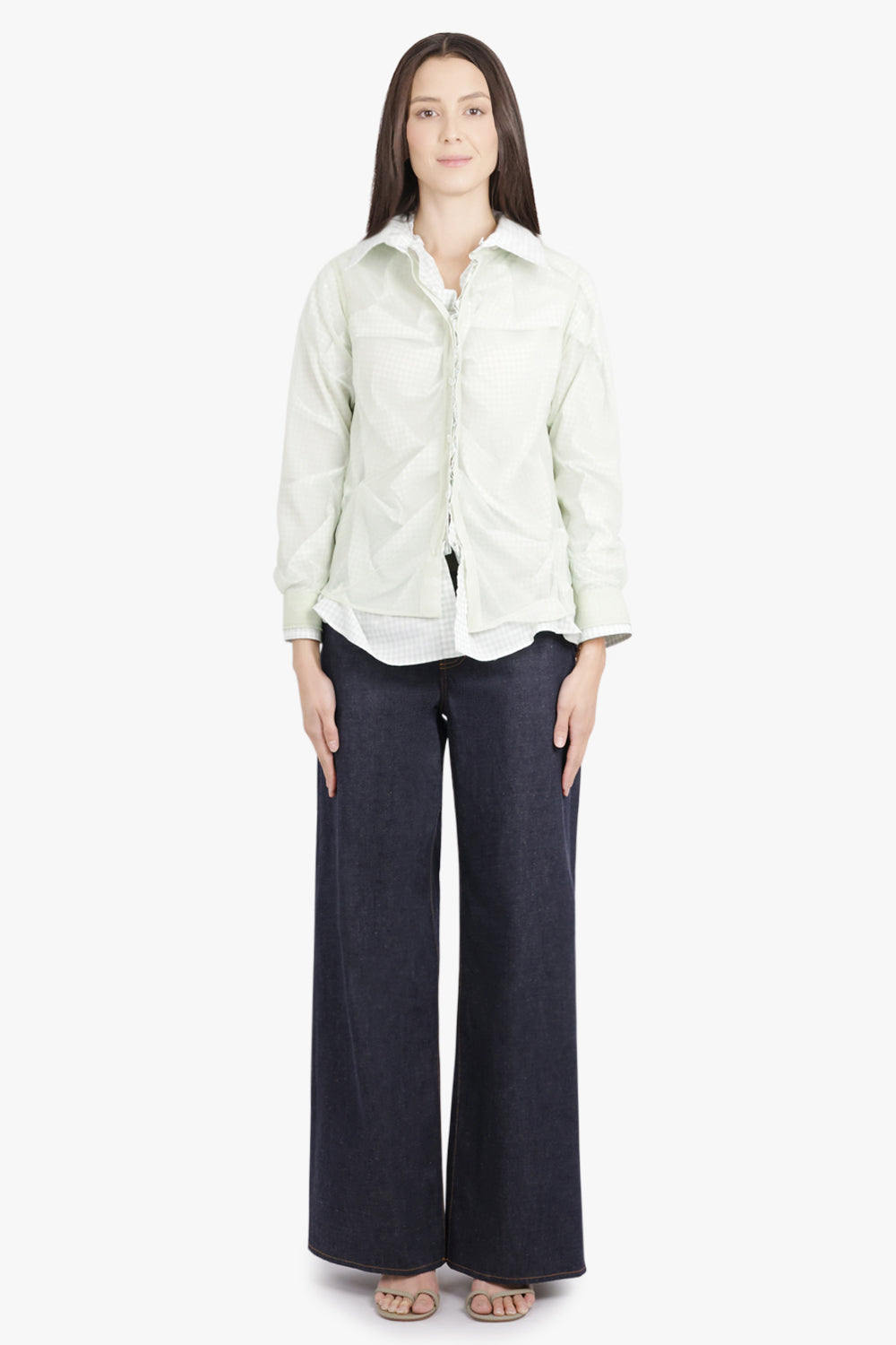 MAISON MARGIELA RTW Layered L/S Shirt with Check Ruching Detail | Green/White