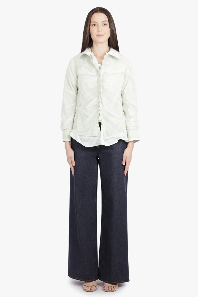 MAISON MARGIELA RTW Layered L/S Shirt with Check Ruching Detail | Green/White