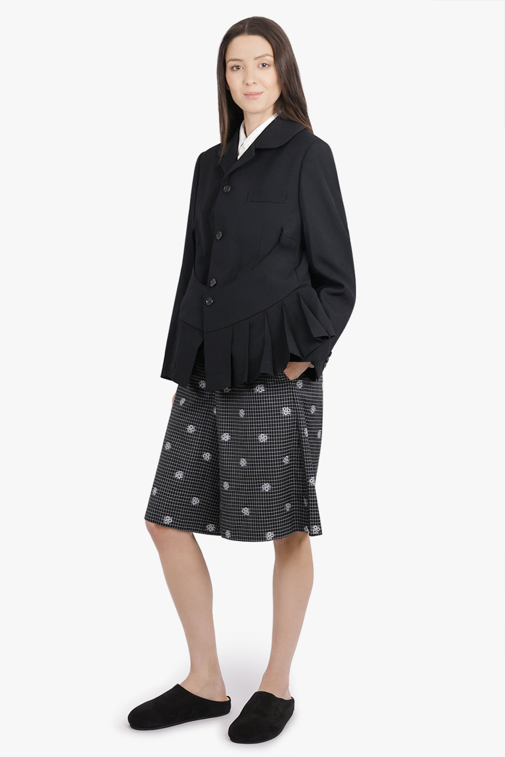 COMME DES GARCONS RTW Layered Rounded Slit Jacket With Pleated Peplum Detail | Black