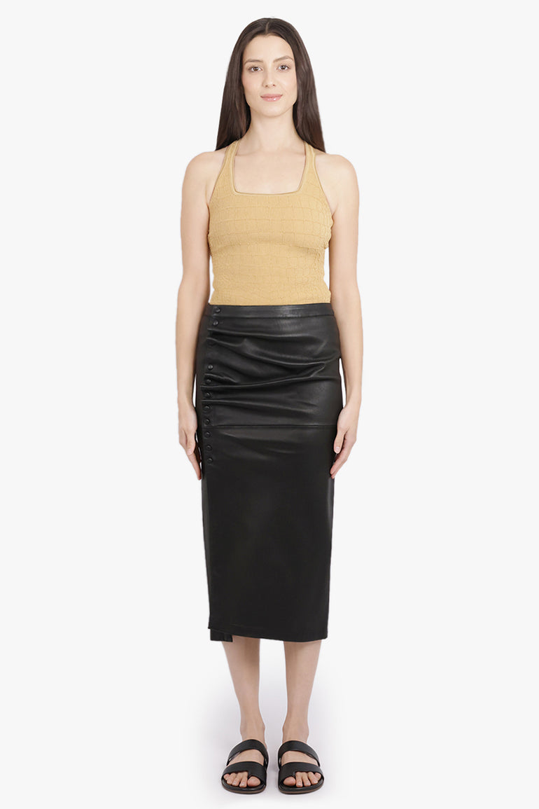 RABANNE RTW Leather Asymmetric Ruched Midi Skirt | Black