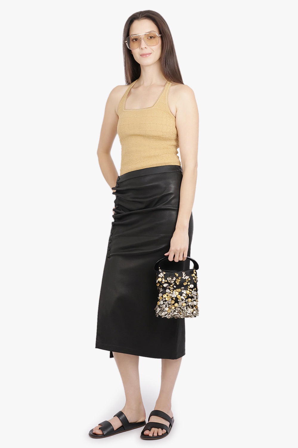 RABANNE RTW Leather Asymmetric Ruched Midi Skirt | Black