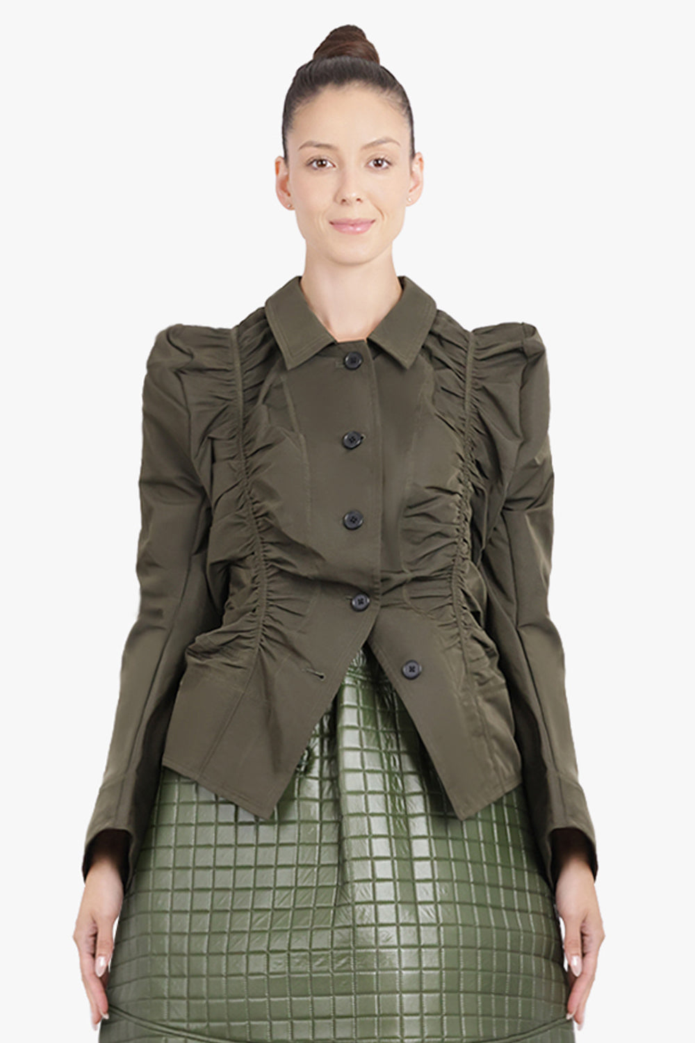 MELITTA BAUMEISTER RTW Ruched Front Puff Shoulder Jacket | Moss Green