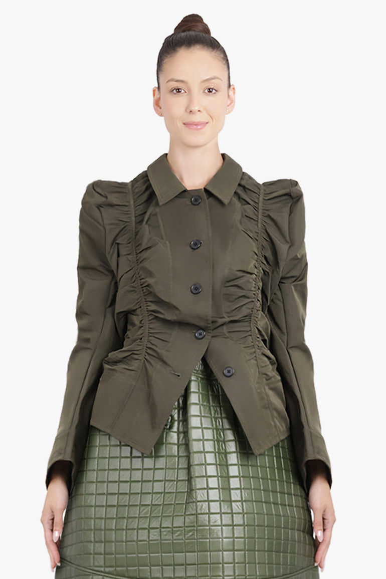 MELITTA BAUMEISTER RTW Ruched Front Puff Shoulder Jacket | Moss Green