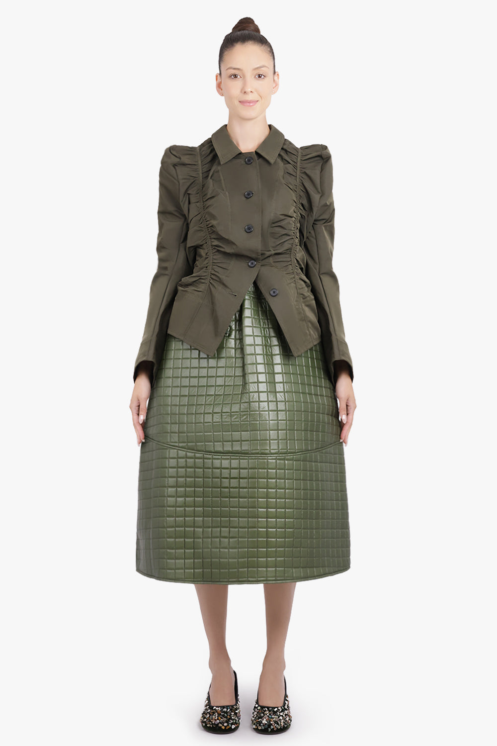MELITTA BAUMEISTER RTW Ruched Front Puff Shoulder Jacket | Moss Green