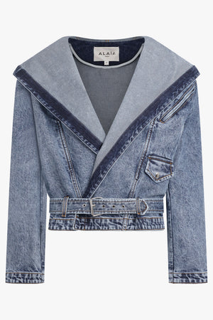 ALAIA RTW Hooded L/S Denim Biker Jacket | Snow Blue