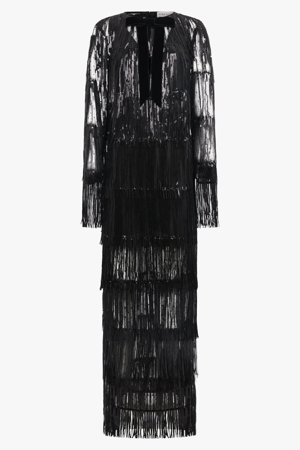 NINA RICCI RTW V Neckline Bow L/S Fringed Sequin Maxi Dress | Black