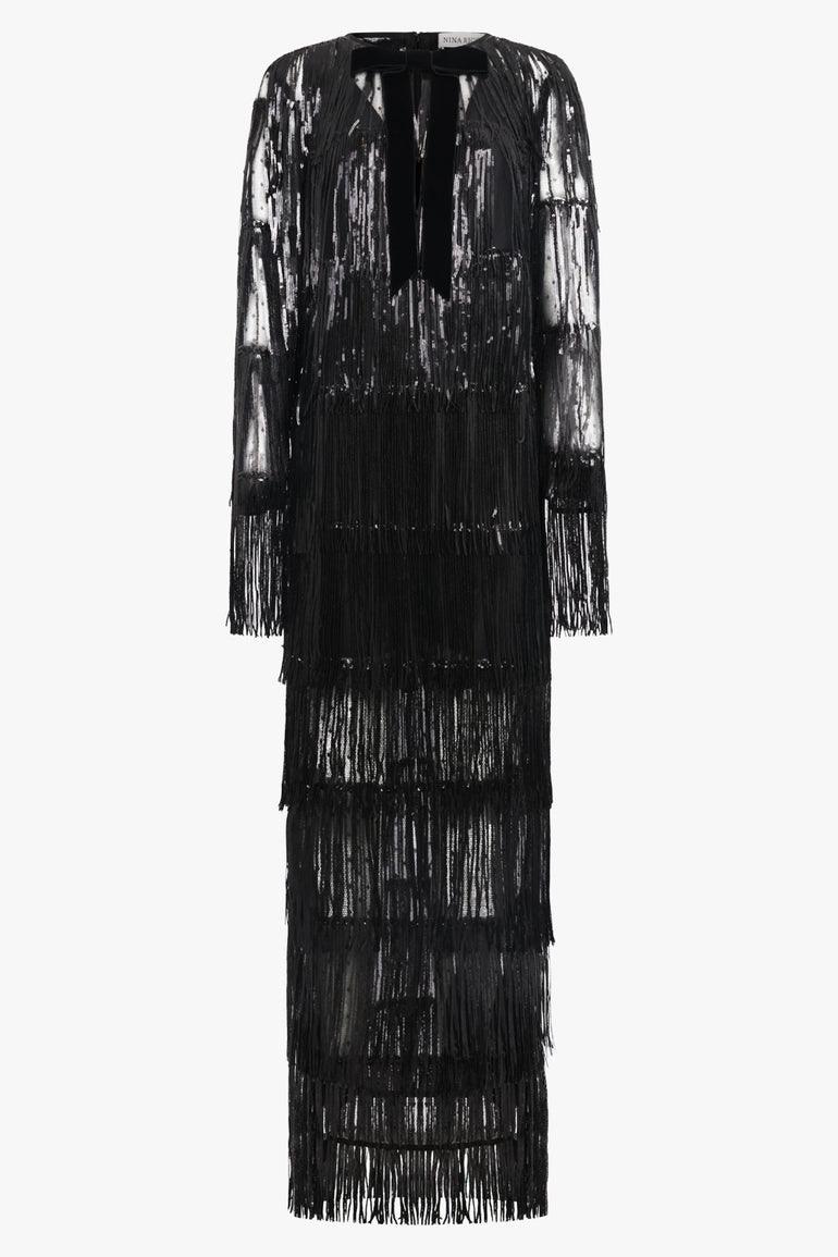 NINA RICCI RTW V Neckline Bow L/S Fringed Sequin Maxi Dress | Black