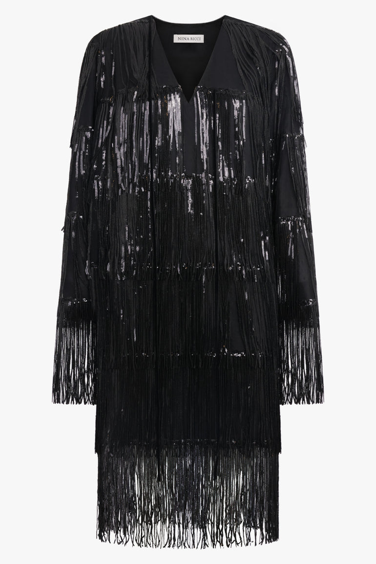 NINA RICCI RTW V Neckline Bow L/S Fringed Sequin Mini Dress | Black