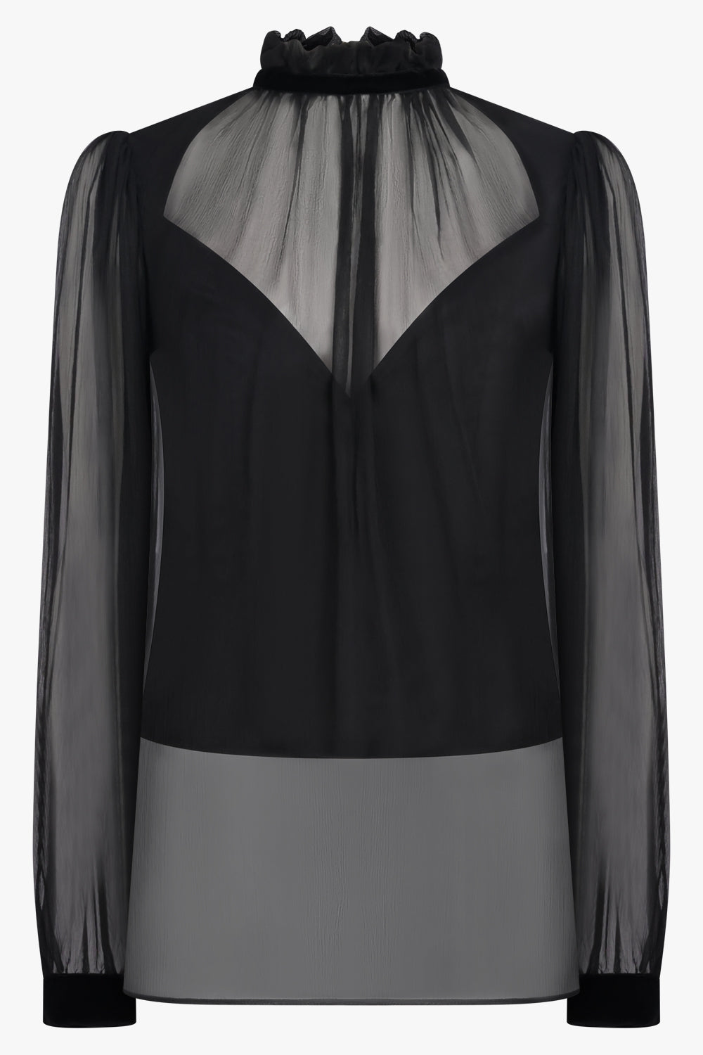 NINA RICCI RTW Sheer L/S High Neck Blouse With V Neck Slip | Black