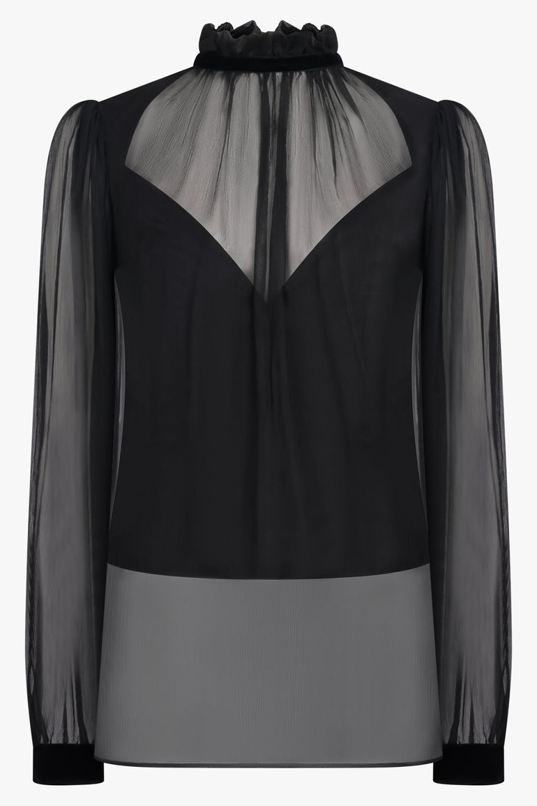NINA RICCI RTW Sheer L/S High Neck Blouse With V Neck Slip | Black