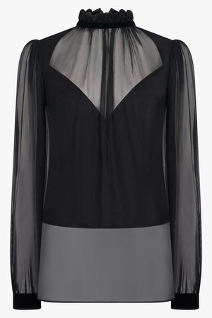 NINA RICCI RTW Sheer L/S High Neck Blouse With V Neck Slip | Black