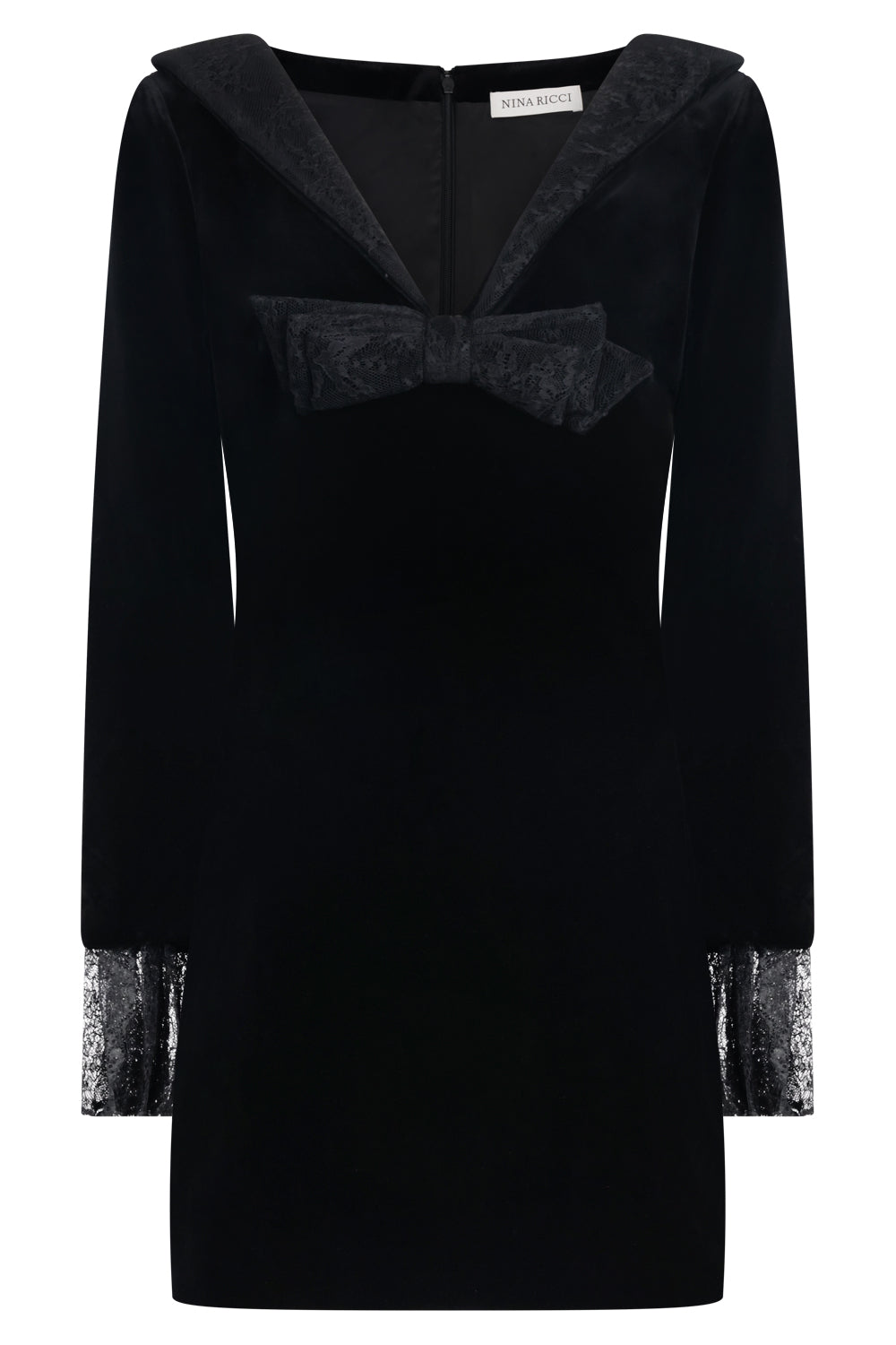 NINA RICCI RTW V Neck Velvet L/S Mini Dress With Lace Bow | Black